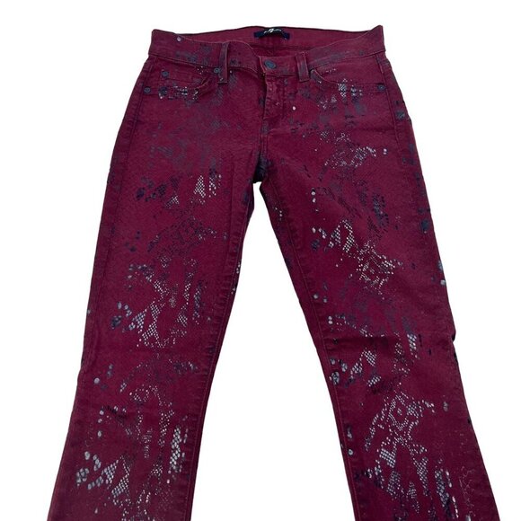 7 For All Mankind Snake Print Low Rise Skinny Jeans Burgundy/Black Size 25 - Picture 2 of 9